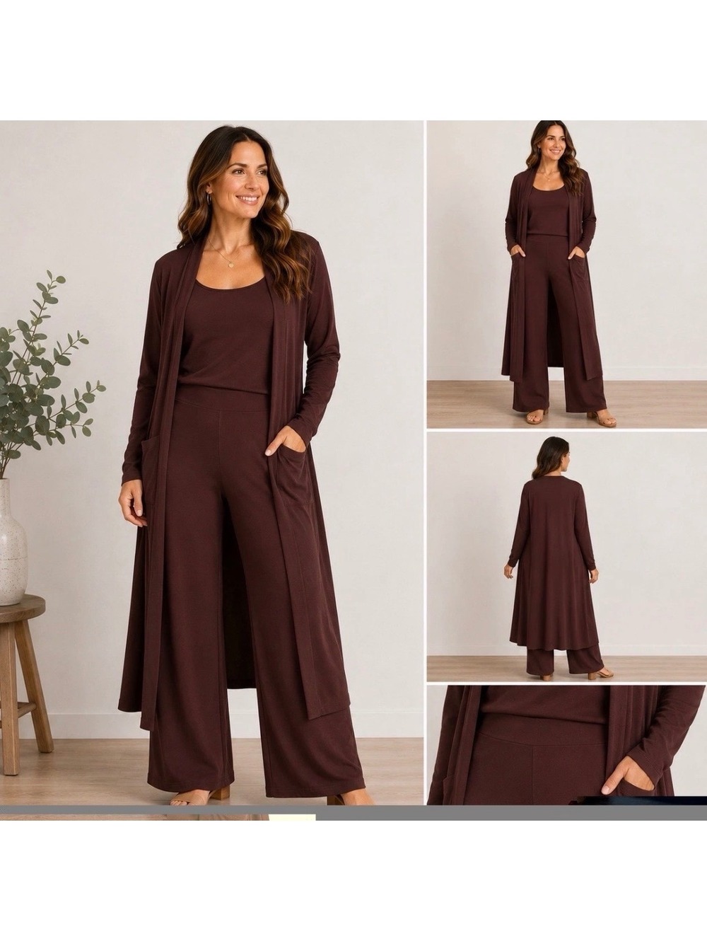 Brigitte Brianna essential brown 3 piece set medium wide leg duster USA cardigan